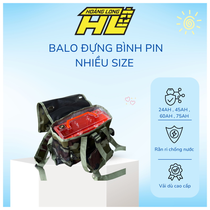 Balo đựng bình lithium nhiều size bình 24AH , 45AH , 60AH , 75AH , vải rằn ri chống thấm nước.