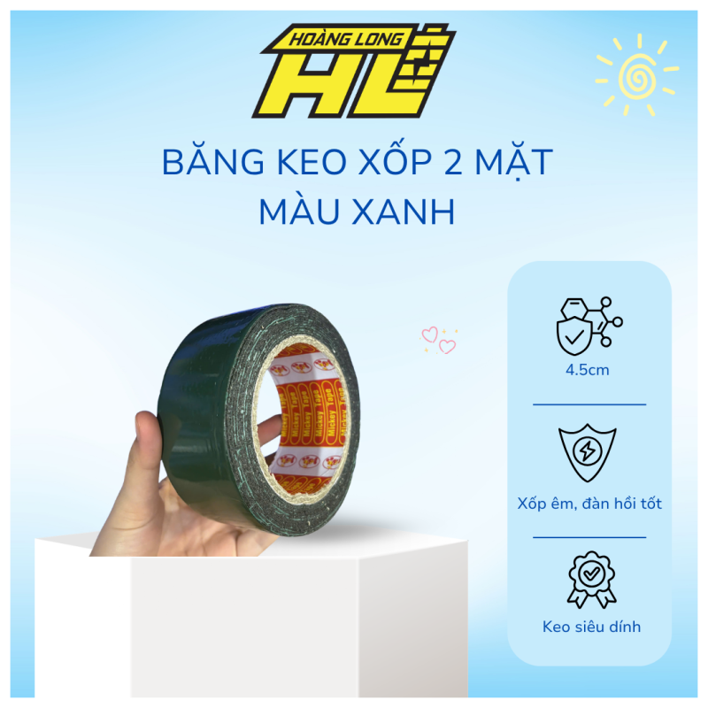 Băng Keo Xốp 2 Mặt Màu Xanh 4.5cm – Keo Dán Chắc, Bóc Nhanh, Bền Lâu
