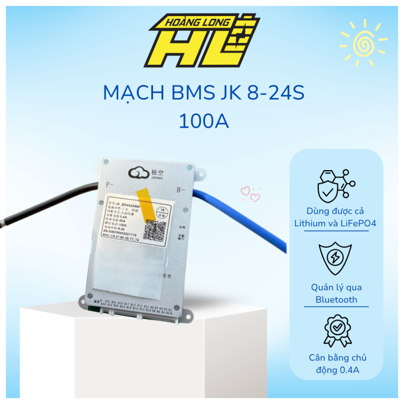 Mạch BMS JK 8-24S 100A Có Cân Bằng 0.4A – Tích Hợp Bluetooth & App Điều Khiển Từ Xa